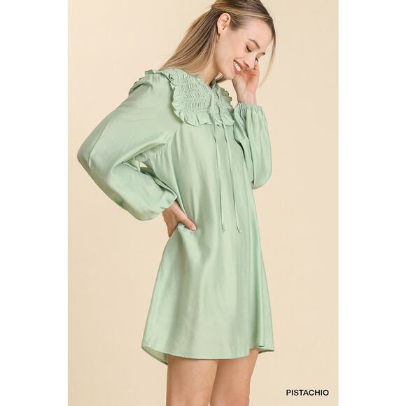 Umgee Long Sleeve Smocked Ruffle Yoke Tie Front Peephole Mini Dress Size M - Picture 6 of 6